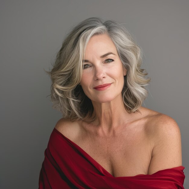 Photo a woman with gray hair posing in a red dress