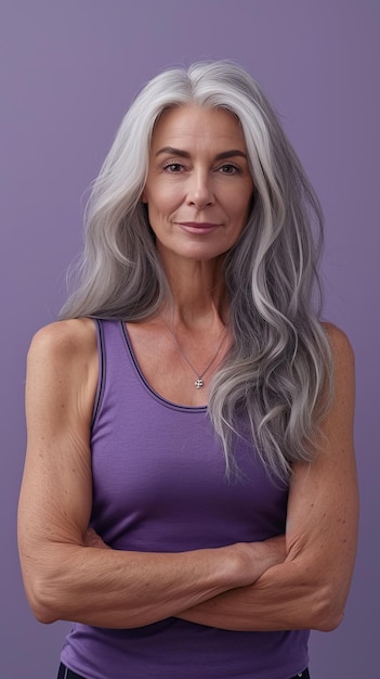 A woman with gray hair and a purple tank top standing in front of a purple background