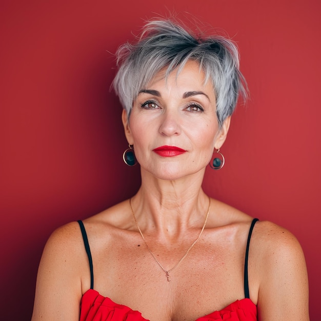 A woman with gray hair and red lipstick