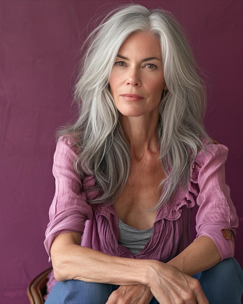 A woman with gray hair sitting on a chair