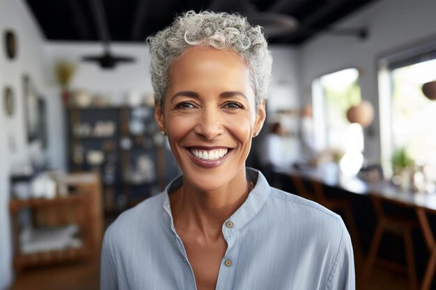 a woman with gray hair smiles in front of a wall with a sign that says  natural