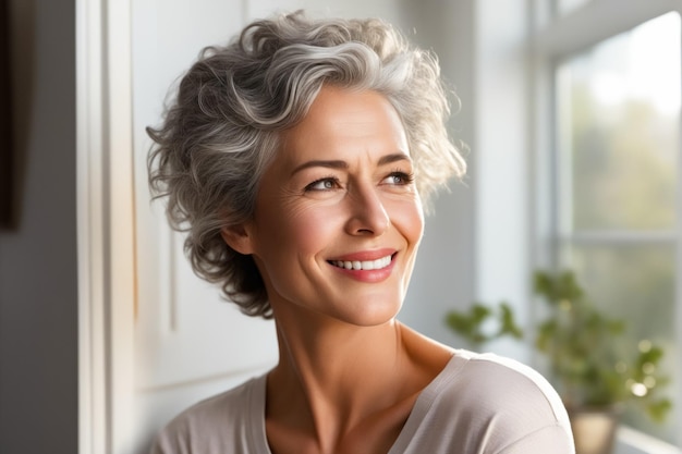 Woman with gray hair smiling at the camera with white smile Generative AI