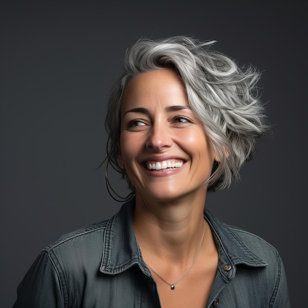 a woman with gray hair smiling and looking at the camera