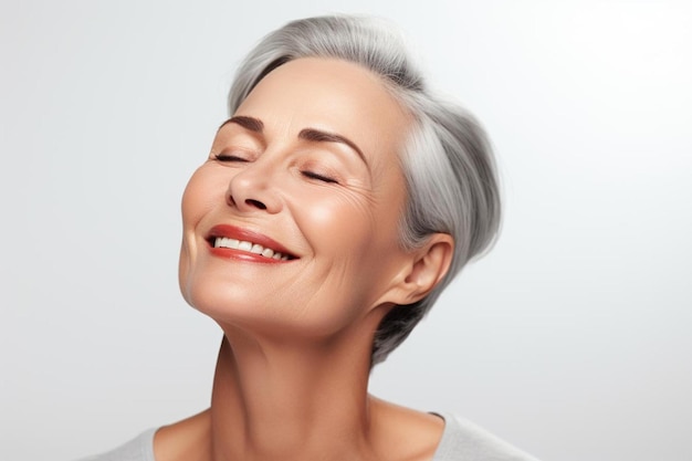 a woman with gray hair and white hair smiling with the sun shining on her face