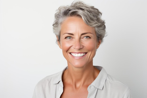 Photo a woman with gray hair and a white shirt that says  natural