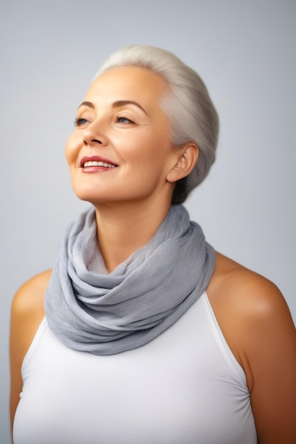 Woman with gray scarf on her neck smiling Generative AI