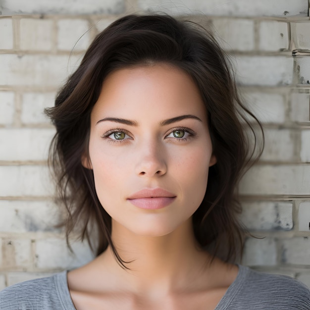 a woman with a gray shirt and green eyes