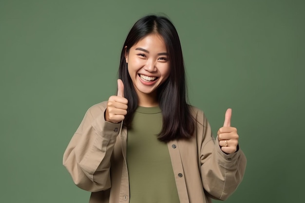 A woman with a green background and a brown jacket with the word'happy'on it