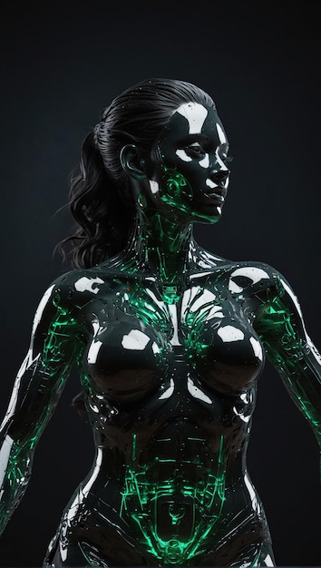 Photo a woman with a green body and a black background
