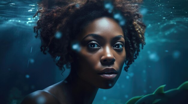 A woman with a green dress and a green dress is under water