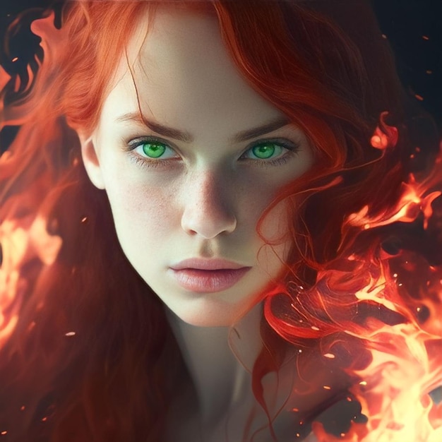 A woman with green eyes and a fire in her hair