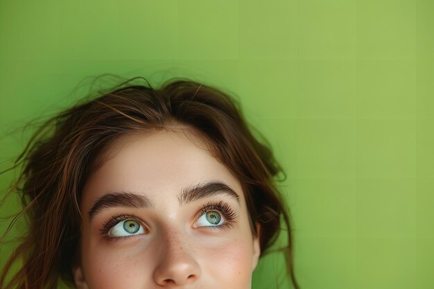 Foto una donna con gli occhi verdi e uno sfondo verde