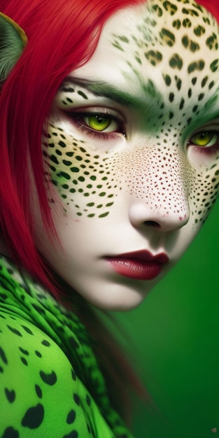 A woman with green eyes and a green lizard on her face