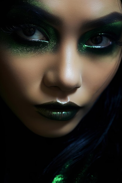 A woman with green eyes and green makeup