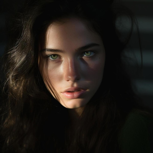 a woman with green eyes and a green shirt