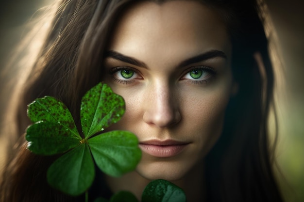 A woman with green eyes and a leaf in her hand