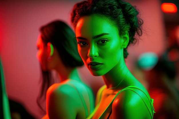 A woman with green eyes stands in front of a red light.