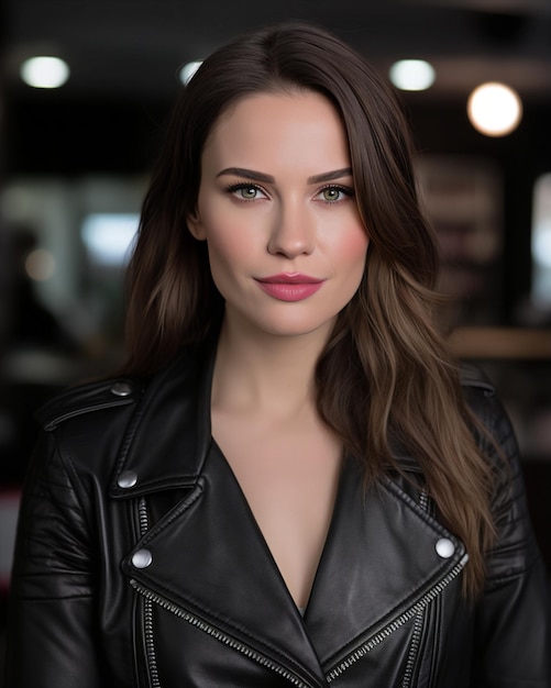 Woman with green eyes wearing a black leather jacket generated by AI