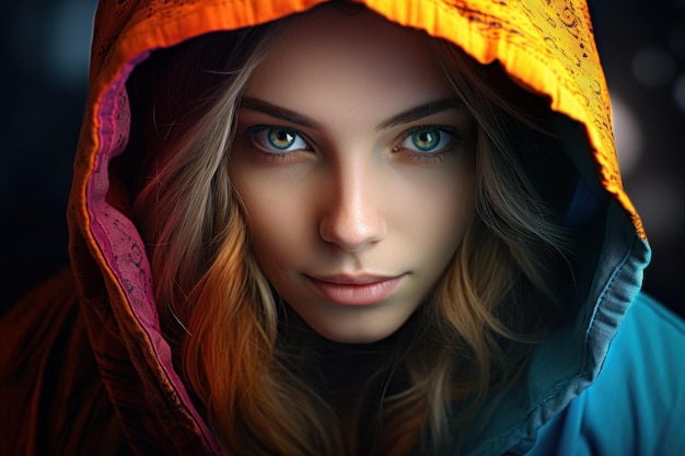 a woman with green eyes wearing a hood