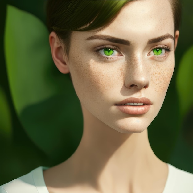 A woman with green eyes and a white shirt with green eyes