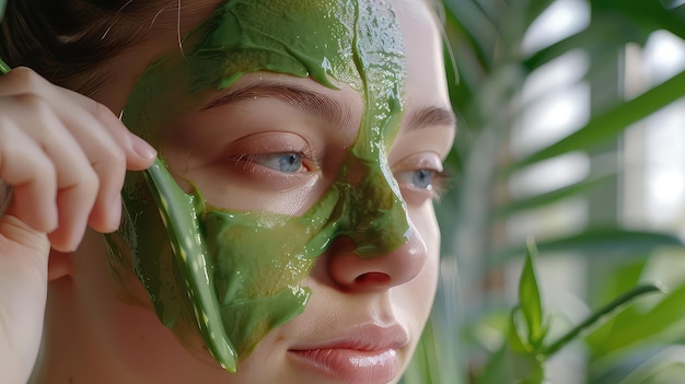 a woman with green face covered in green leaves and a green face mask