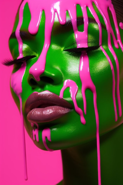 A woman with a green face covered in pink paint and the word love on the front.