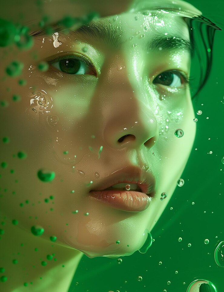 a woman with a green face and a green background with bubbles