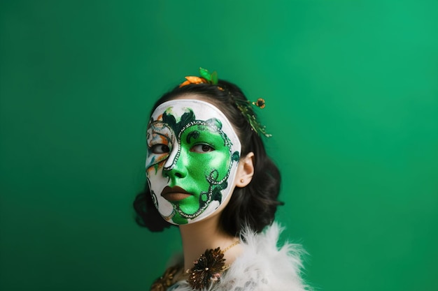 A woman with a green face painted with a green background