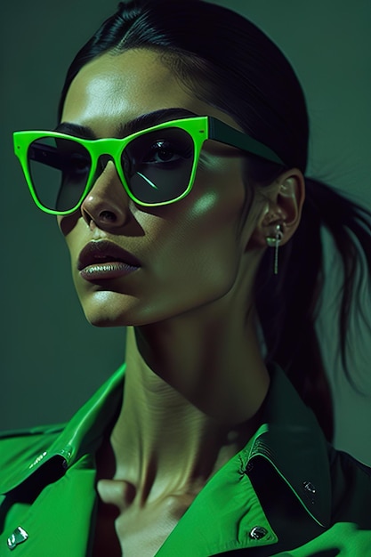 A woman with green glasses and a green shirt with a green shirt