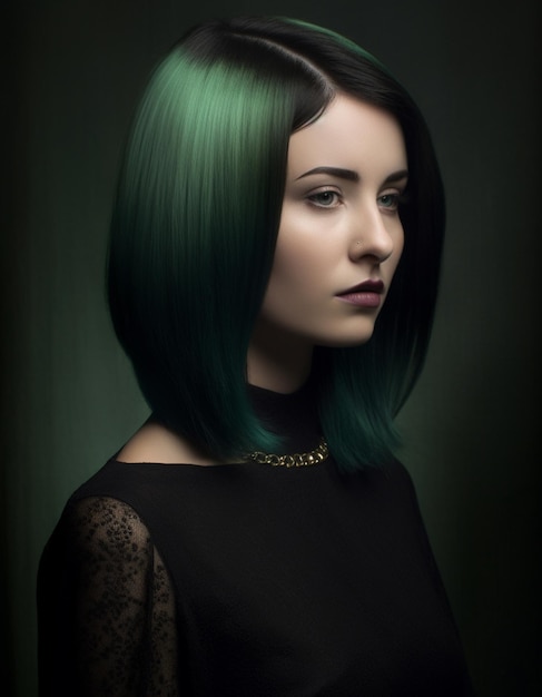 A woman with green hair and a black top