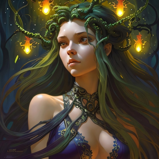 A woman with green hair and a crown with lights on her head