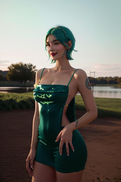 Photo a woman with green hair and a green dress