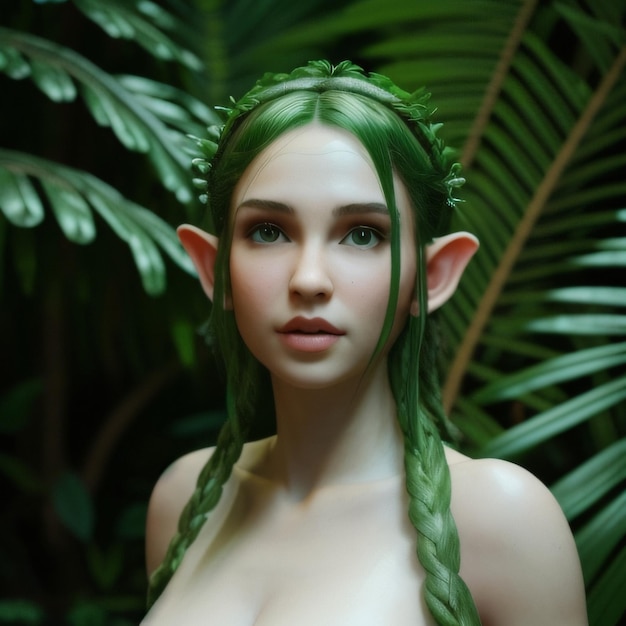 A woman with green hair and green hair stands in front of a tropical leaf.