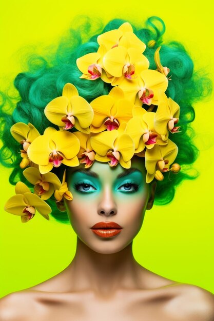 A woman with green hair and green hair with yellow flowers on her head