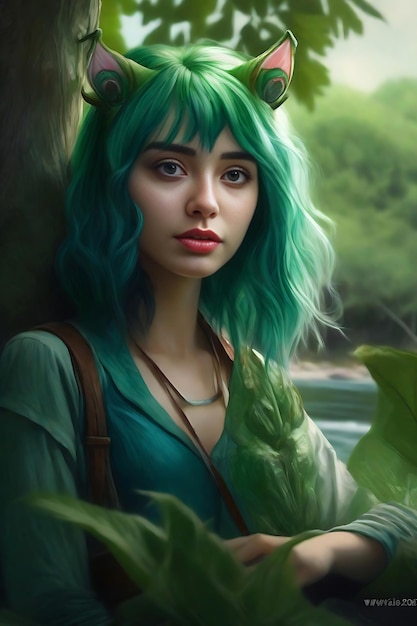 A woman with green hair and green leaves on her head stands in a forest