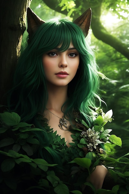 A woman with green hair and green leaves on her head stands in a forest