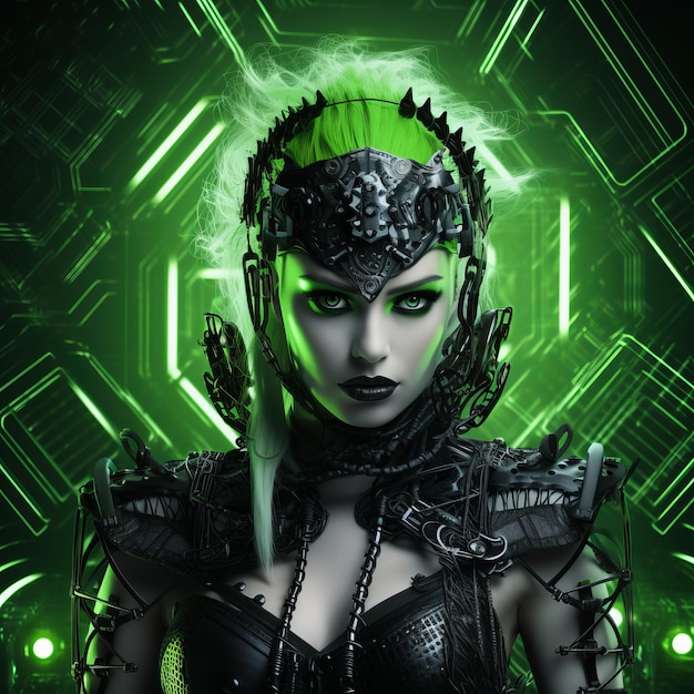 a woman with green hair and green makeup in a futuristic setting