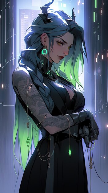 Photo a woman with green hair and a green tattoo is holding a sword