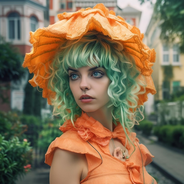 A woman with green hair and a hat that says " i love you "