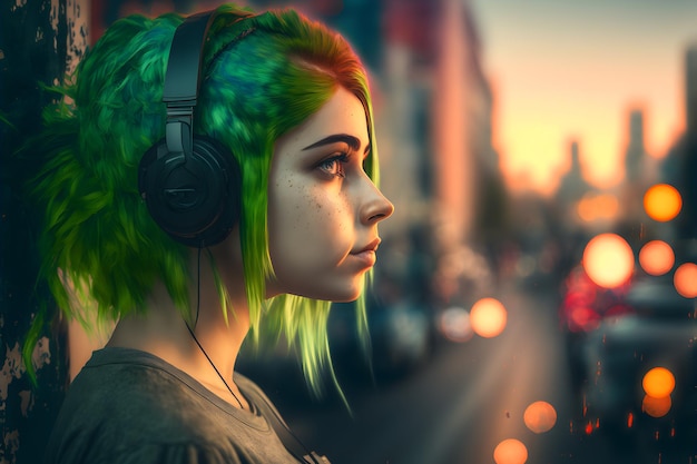 A woman with green hair and a headphones on her head looks out over a city street.