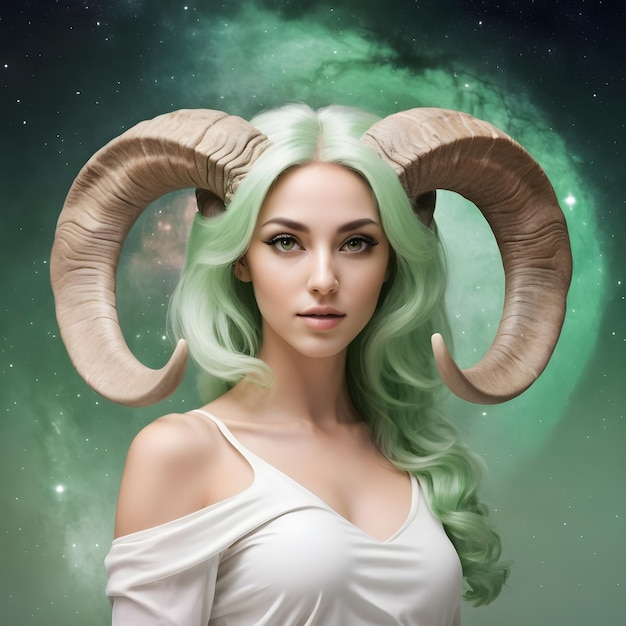 Photo a woman with green hair and horns beautiful woman aries