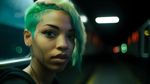 A woman with green hair stands in a dark tunnel