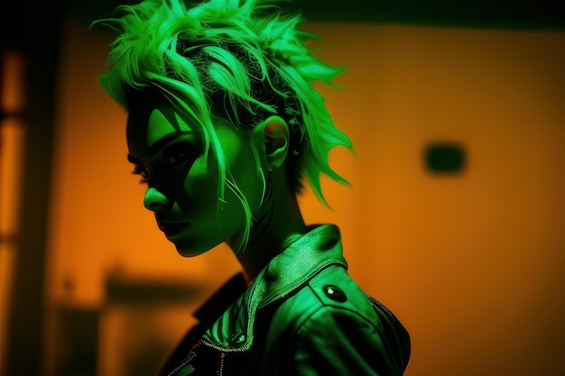 A woman with green hair stands in front of a green light