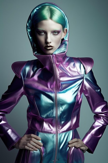 반짝이는 재킷을 입은 녹색 머리의 여성 Generative AI 이미지