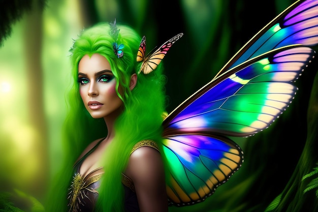 A woman with green hair with a butterfly wings on her back