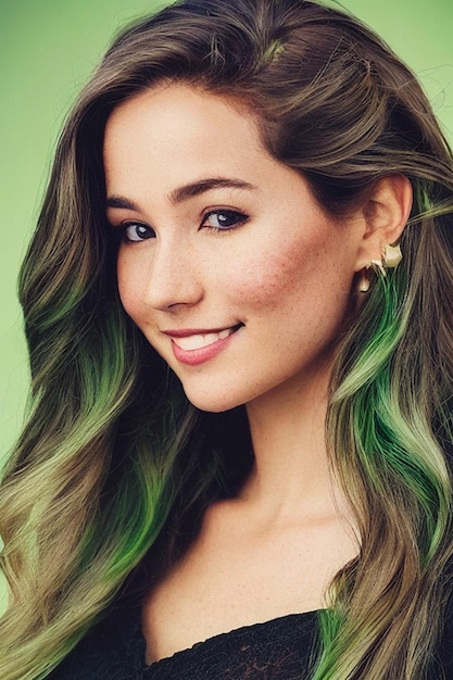 A woman with green hair with a green color in her hair