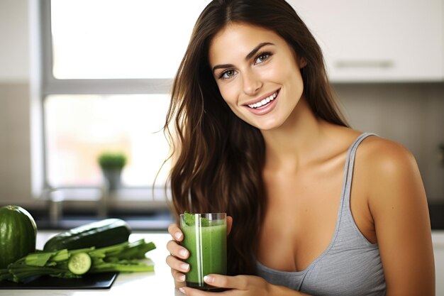 Woman with green juice smiling at the camera