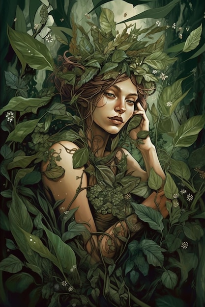 A woman with a green leaf on her head and a tree in the middle.