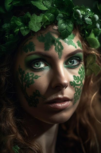 A woman with a green leaf painted on her face