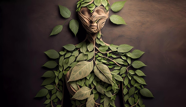 A woman with green leaves and branches in her head is surrounded by leaves and branches.